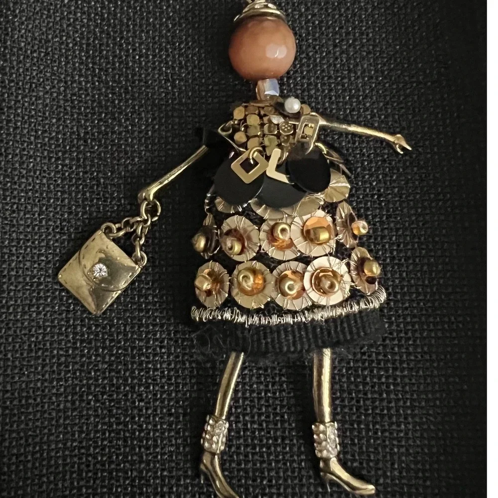 RS Paris Doll Pendant Long 36 Necklace Gold Tone Mixed Media 4 In Whimsical Goth